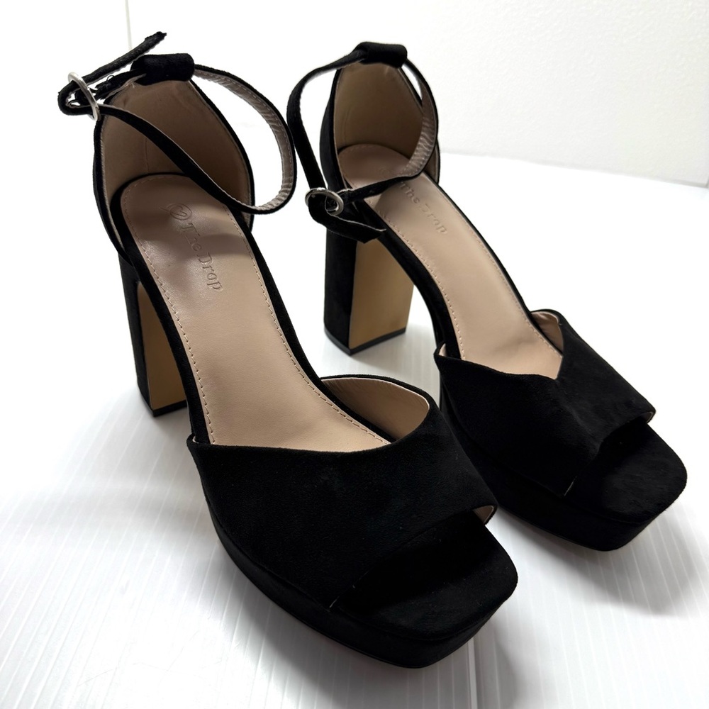 The Drop Black Suede Platform Block Heel Sandal Ankle Strap Sz 8.5 Party Wedding